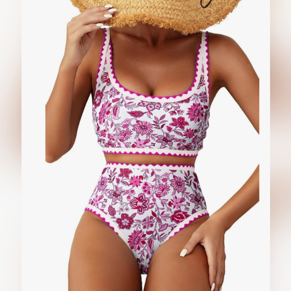 Pink Floral High-Waist Bikini Set Large NWOT